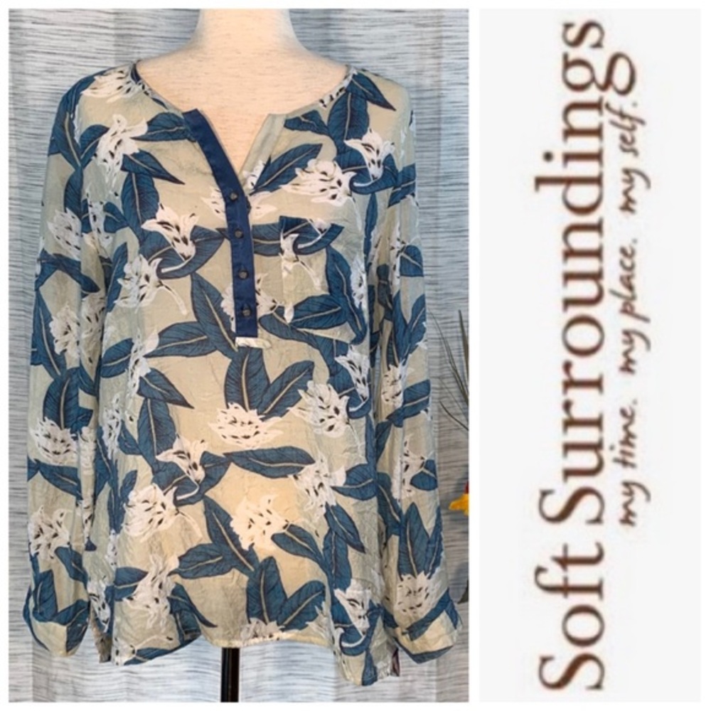 Soft Surroundings white with blue and green floral long sleeve blouse.